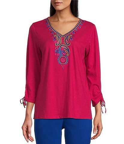 Allison Daley Embroidered 3/4 Tie Ruched Sleeve V-Neck Knit Top