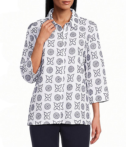Allison Daley Embroidery 3/4 Sleeve Point Collar Button Front Blouse