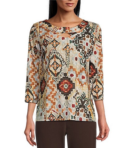 Allison Daley Espresso Multi Tile Print 3/4 Sleeve Crossover Keyhole Neck Knit Top