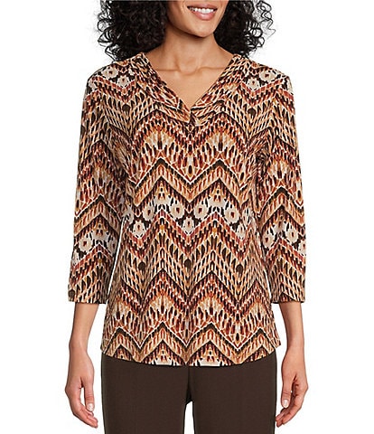 Allison Daley Espresso Multi Chevron Print Pleated 3/4 Sleeve V Neck Knit Top