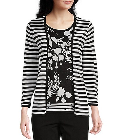 Allison Daley Floral and Striped Print 3/4 Sleeve Round Neck Two-Fer Top