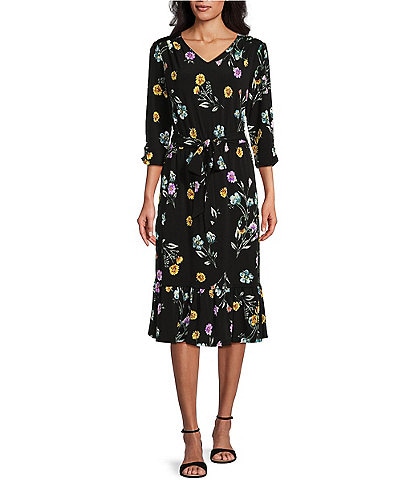 Allison Daley Floral Print 3/4 Ruched Sleeves V-Neck Ruffle Hem A-Line Midi Dress