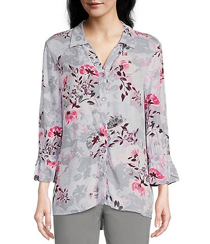 Allison Daley Floral Print 3/4 Ruffle Sleeve Point Collar Button Front Top