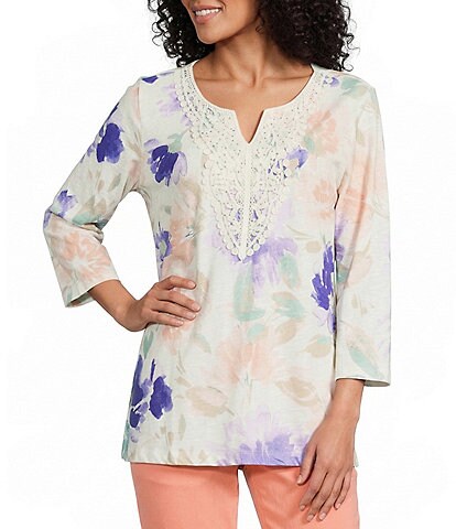 Allison Daley Floral Print 3/4 Sleeve V-Neck Beaded Applique Knit Top