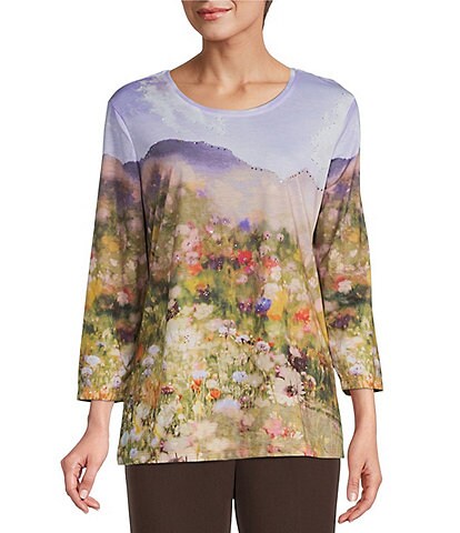 Allison Daley Floral Print Embellished 3/4 Sleeve Jewel Neck Knit Top