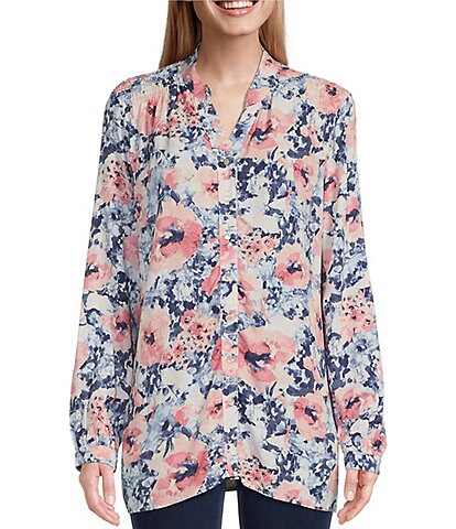Allison Daley Floral Print Long Sleeve Y-Neck Button Front Top