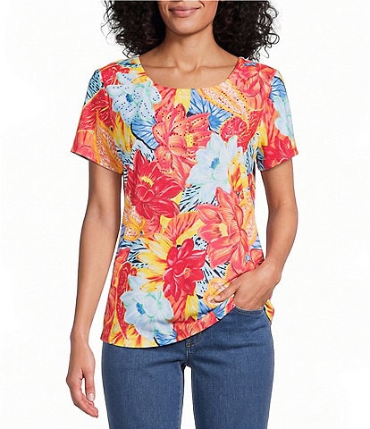 Allison Daley Floral Short Sleeve Crew Neck Top