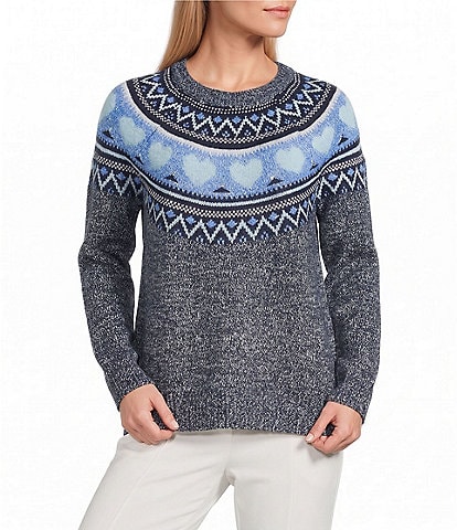 Allison Daley Heart Pattern Long Sleeve Crew Neck Rib Trim Sweater