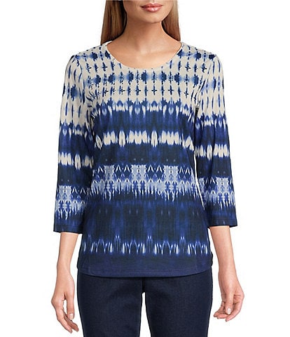 Allison Daley Indigo Blues Abstract Print Embellished 3/4 Sleeve Crew Neck Knit Top