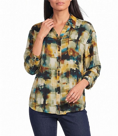 Allison Daley Multi Check 3/4 Sleeve Button Front Point Collar Blouse