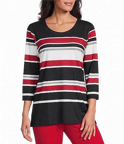 Allison Daley Multi Stripe Knit 3/4 Sleeve Scoop Neck Embellished Top