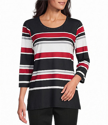 Allison Daley Multi Stripe Knit 3/4 Sleeve Scoop Neck Embellished Top