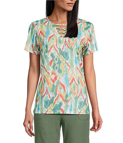 Allison Daley Natural Ikat Print Short Sleeve Criss-Cross Keyhole Neck Short Sleeve Jersey Knit Top