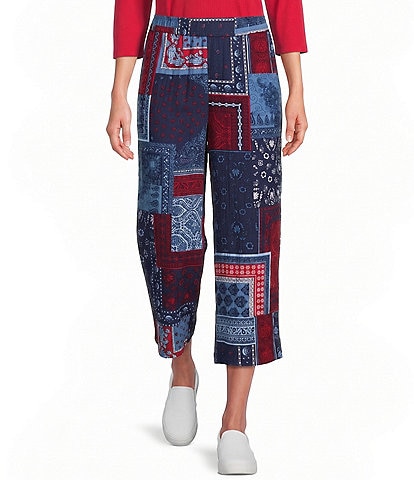 Allison Daley Navy Bandana Patchwork Pull-On Crinkle Soft Crop Pants