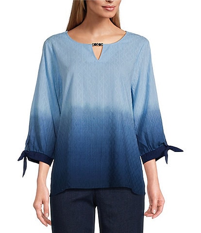 Allison Daley Ombre 3/4 Tie Sleeve Keyhole Neck Top