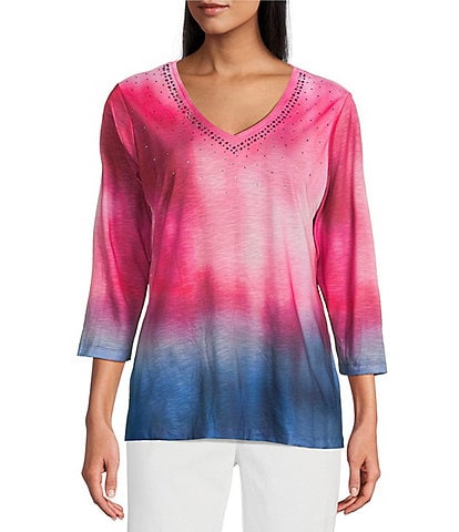 Allison Daley Ombre Beauty Print 3/4 Sleeve V-Neck Slub Jersey Knit Top