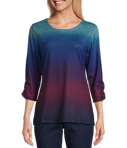 Allison Daley Ombre Print Embellished 3/4 Ruched Sleeve Crew Neck Abstract Tee Shirt