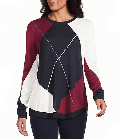 Allison Daley Oversized Argyle 3/4 Sleeve Crew Neck Curve Hem Sweater