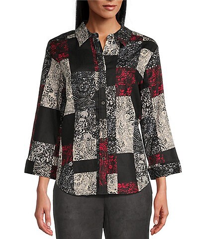 Allison Daley Paisley Patch 3/4 Sleeve Point Collar Button Front Shirt
