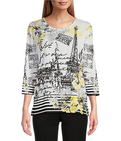 Allison Daley Parisian Print 3/4 Sleeves Crew Neck Embellished Knit Top