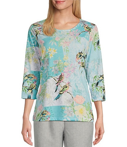 Allison Daley Parrot Floral Patches Print Embellished Crew Neck 3/4 Sleeve Knit Top