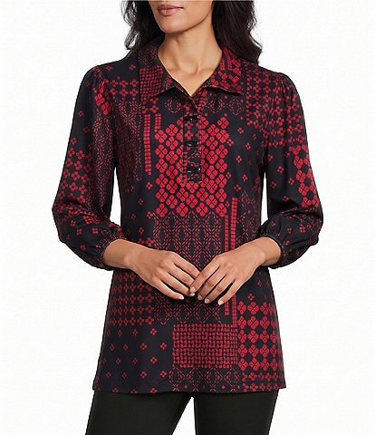 Allison Daley Patchwork 3/4 Sleeve Point Collar Button Front Top