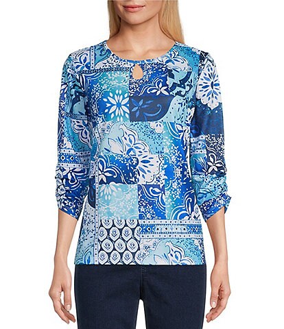 Allison Daley Patchwork Print 3/4 Ruched Sleeve Keyhole Neck Knit Top