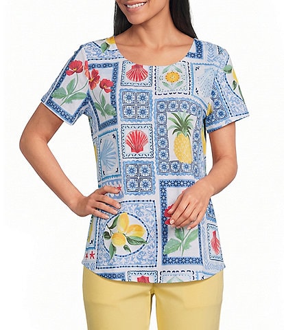 Allison Daley Patchwork Print Short Sleeve Crew Neck Top