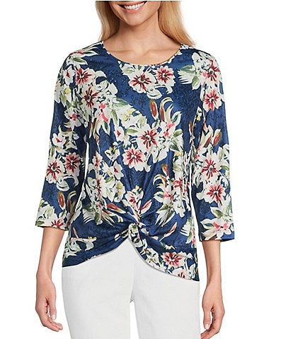 Allison Daley Petite Damask Floral Print 3/4 Sleeve Crew Neck Twist Hem Knit Top