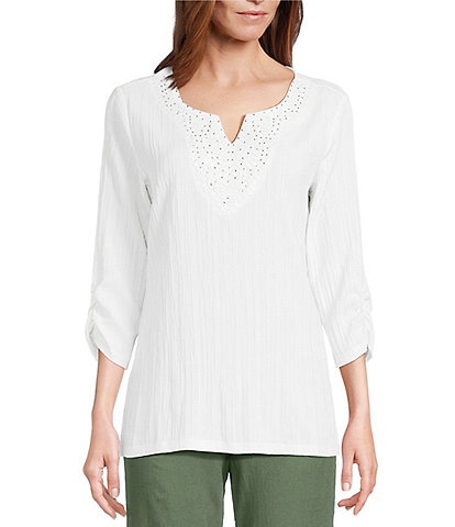 Allison Daley Petite Embellished Applique Split Round Neck 3/4 Ruched Sleeve Woven Top