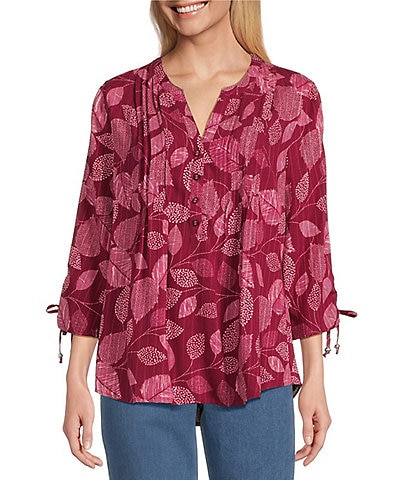 Allison Daley Petite Leaf & Dot Print 3/4 Tie Sleeve Y-Neck Button Front Blouse