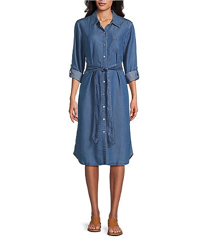 Allison Daley Petite Light Indigo Wash Long Roll-Tab Sleeve Point Collar Neck Lyocell Denim Midi Shirt Dress