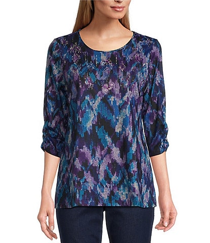 Allison Daley Petite Size Abstract Herringbone Print Embellished 3/4 Ruched Sleeve Crew Neck Abstract Tee Shirt