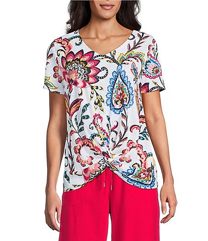 Allison Daley Petite Size Arabesque Floral Print Short Sleeve V-Neck Twist Hem Slub Jersey Knit Top