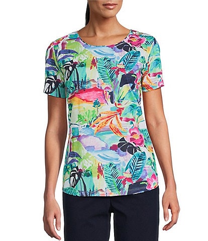 Allison Daley Petite Size Balinese Breeze Print Short Sleeve Crew Neck Knit Top