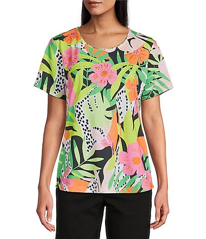 Allison Daley Petite Size Calypso Holiday Print Short Sleeve Crew Neck Knit Top