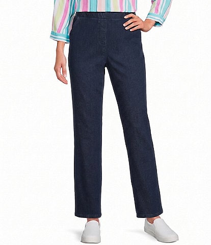 Allison Daley Petite Size Straight Leg Stretch Denim Elastic Waist Pull-On Pants