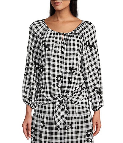 Allison Daley Petite Size Checked Print 3/4 Sleeves Keyhole Neck Tie Front Top