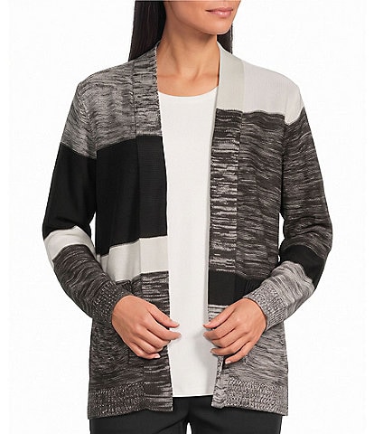 Allison Daley Petite Size Color Block Long Sleeve Open-Front Rib Trim Cardigan