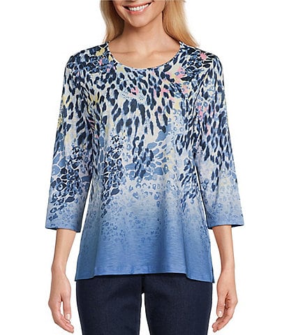 Allison Daley Petite Size Embellished Animal Ombre Print 3/4 Sleeve Crew Neck Knit Top