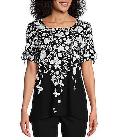 Allison Daley Petite Size Embellished Butterfly Floral Print Ruched Short Tie Sleeve Square Neck Knit Top