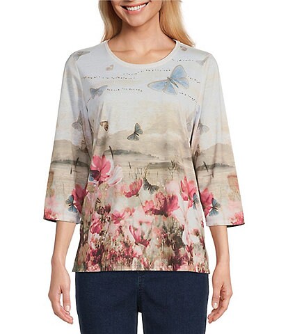 Allison Daley Petite Size Embellished Butterfly Garden Print 3/4 Sleeve Crew Neck Knit Top