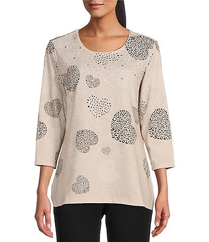 Allison Daley Petite Size Embellished Cascading Hearts Print 3/4 Sleeve Crew Neck Knit Top