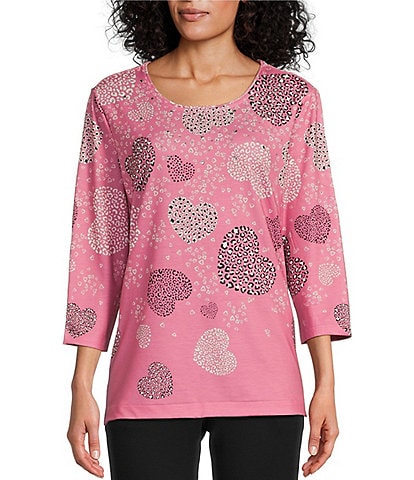 Allison Daley Petite Size Embellished Cascading Hearts Print 3/4 Sleeve Crew Neck Knit Top