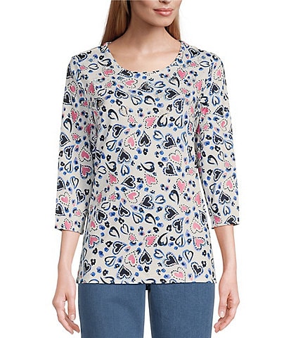 Allison Daley Petite Size Embellished Tossed Hearts Print 3/4 Sleeve Crew Neck Knit Top