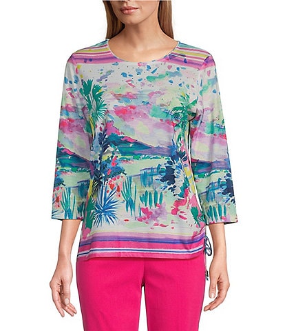 Allison Daley Petite Size Embellished Watercolor Tropics Print 3/4 Sleeve Crew Neck Ruched Side Tie Hem Knit Top