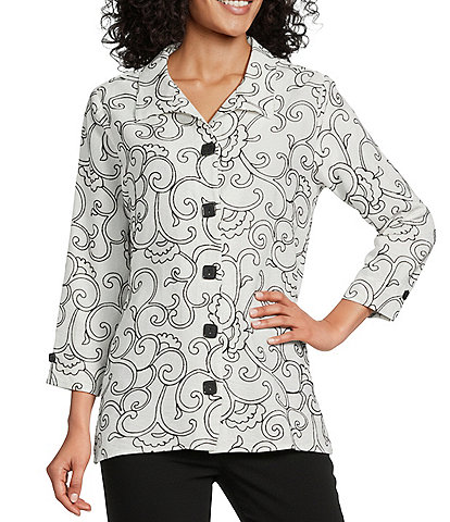 Allison Daley Petite Size Embroidered  3/4 Sleeve Point Collar Button Front Blouse