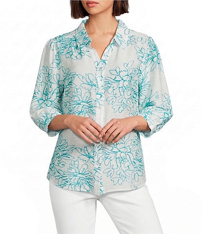 Allison Daley Petite Size Embroidered 3/4 Sleeve Point Collar Button Front Blouse