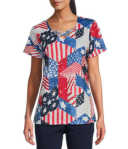 Allison Daley Petite Size Flag Patchwork Print American Flag Short Sleeve Criss Cross V-Neck Knit Top