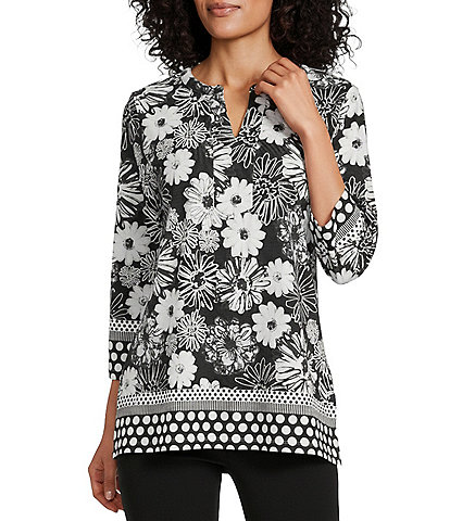 Allison Daley Petite Size Floral Print 3/4 Sleeve V-Neck Top